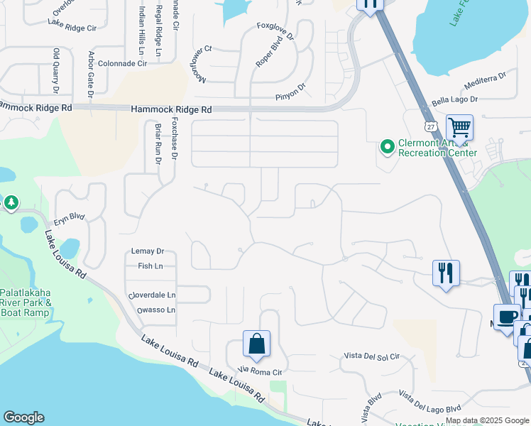 map of restaurants, bars, coffee shops, grocery stores, and more near 3585 Liberty Hill Drive in Clermont
