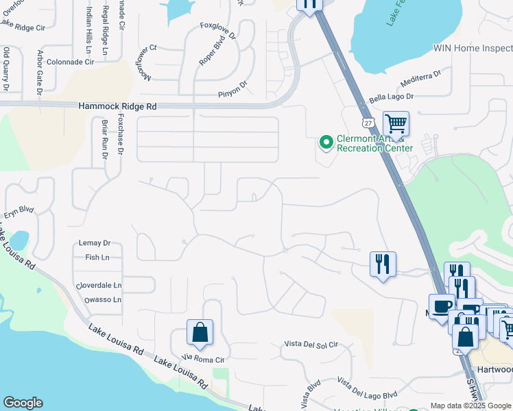 map of restaurants, bars, coffee shops, grocery stores, and more near 1355 Misty Glen Lane in Clermont