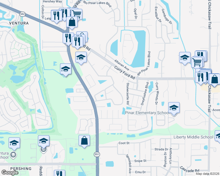 map of restaurants, bars, coffee shops, grocery stores, and more near 7825 Hidden Hollow Drive in Orlando