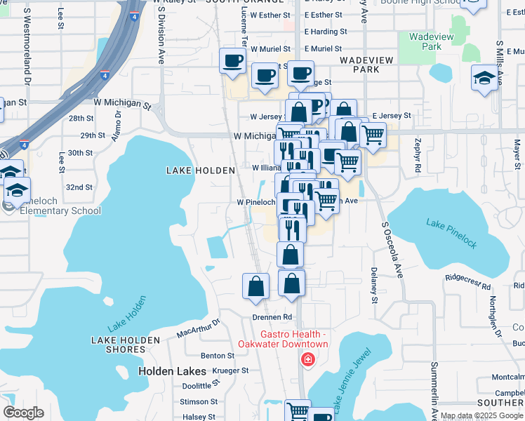 map of restaurants, bars, coffee shops, grocery stores, and more near 102 West Pineloch Avenue in Orlando