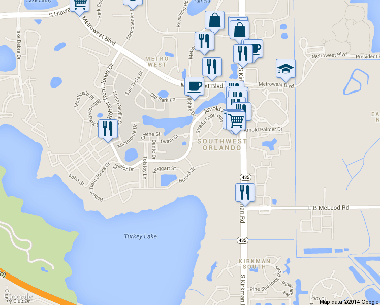 map of restaurants, bars, coffee shops, grocery stores, and more near 6120 Arnold Palmer Drive in Orlando