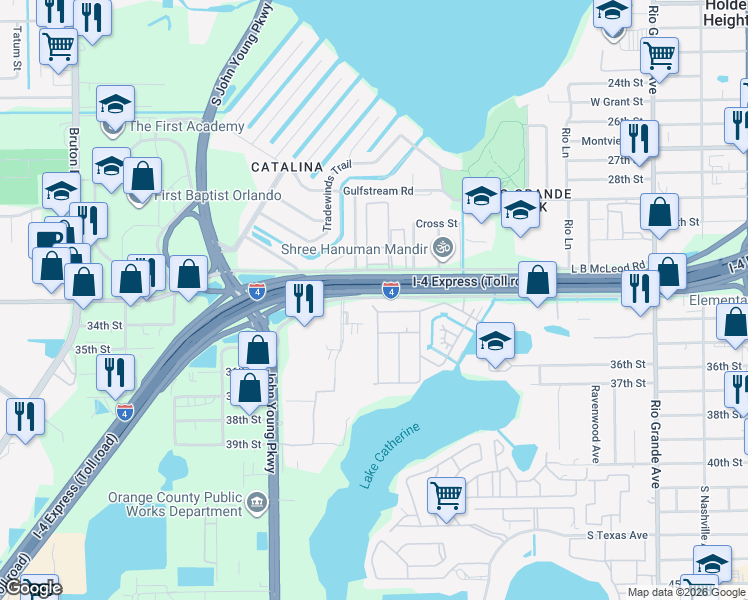 map of restaurants, bars, coffee shops, grocery stores, and more near 2399 33rd Street in Orlando