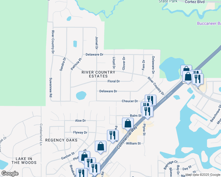 map of restaurants, bars, coffee shops, grocery stores, and more near 8538 Delaware Drive in Weeki Wachee