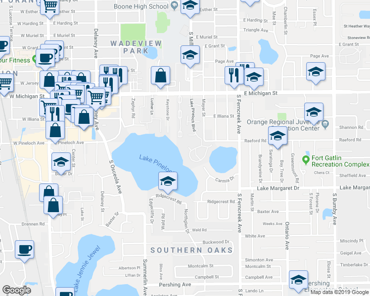 map of restaurants, bars, coffee shops, grocery stores, and more near 2929 Lake Pineloch Boulevard in Orlando
