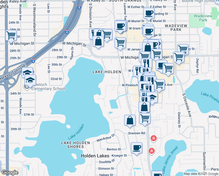 map of restaurants, bars, coffee shops, grocery stores, and more near 290 West Pineloch Avenue in Orlando