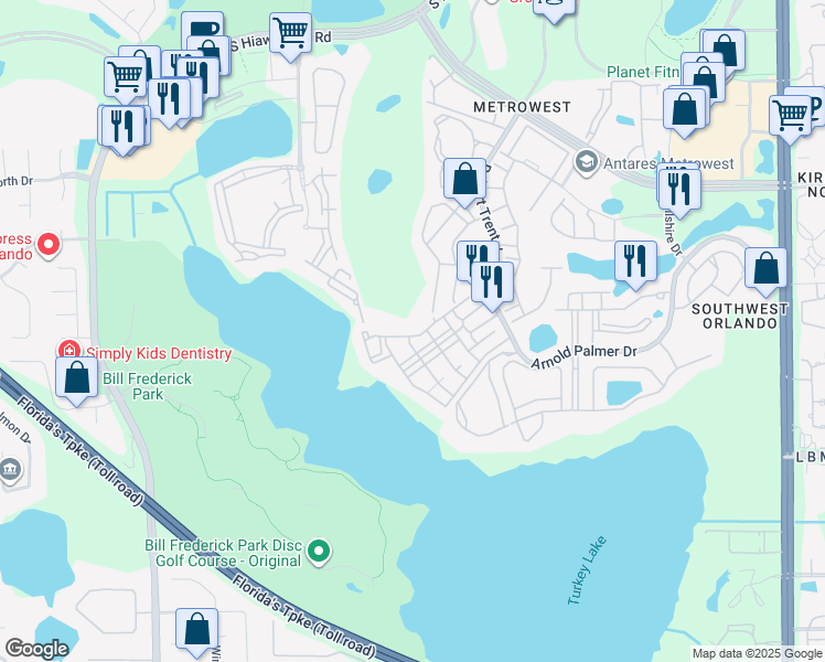 map of restaurants, bars, coffee shops, grocery stores, and more near 6663 Queens Borough Avenue in Orlando