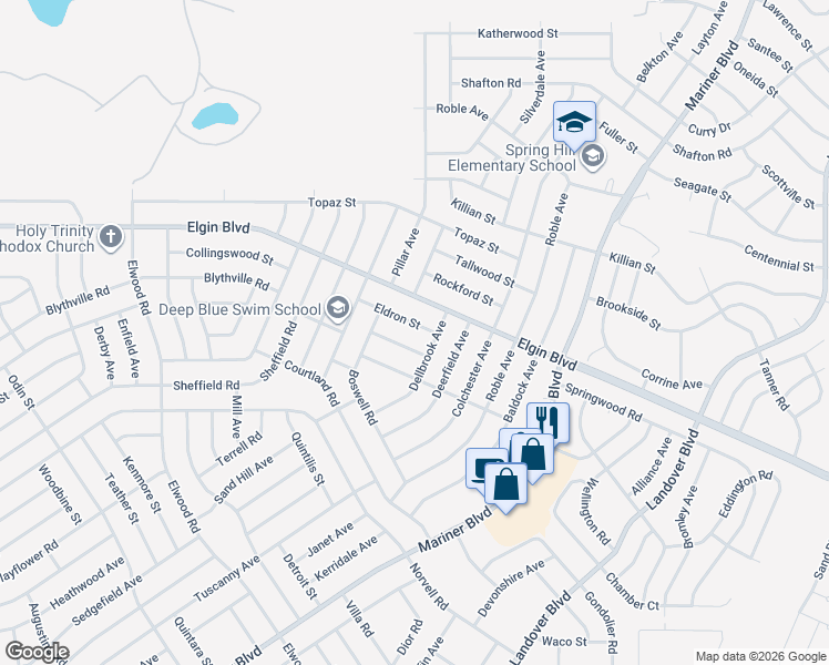map of restaurants, bars, coffee shops, grocery stores, and more near 12072 Eldron Street in Spring Hill