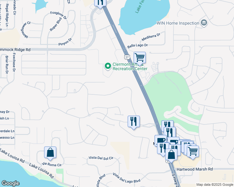 map of restaurants, bars, coffee shops, grocery stores, and more near 3835 Beacon Ridge Way in Clermont
