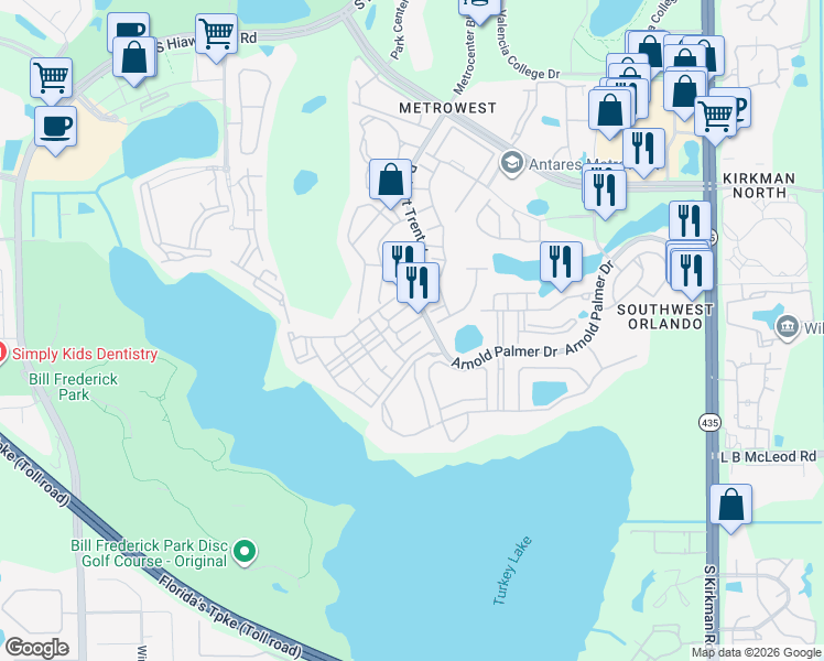 map of restaurants, bars, coffee shops, grocery stores, and more near 6400 Time Square Avenue in Orlando