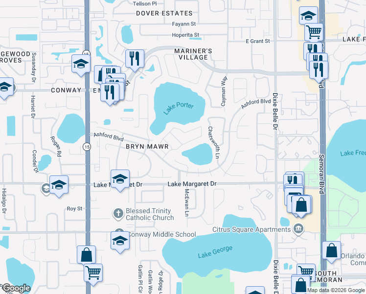 map of restaurants, bars, coffee shops, grocery stores, and more near 3405 Windy Wood Drive in Orlando