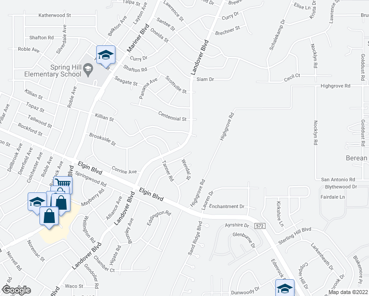 map of restaurants, bars, coffee shops, grocery stores, and more near 5374 Landover Boulevard in Spring Hill