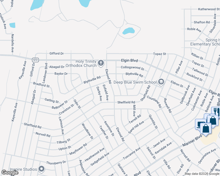 map of restaurants, bars, coffee shops, grocery stores, and more near 5297 Elwood Road in Spring Hill