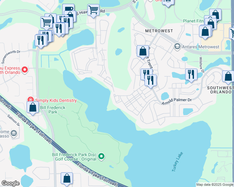 map of restaurants, bars, coffee shops, grocery stores, and more near 2417 Lake Debra Drive in Orlando