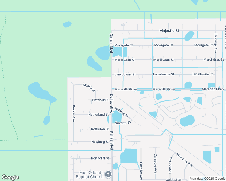 map of restaurants, bars, coffee shops, grocery stores, and more near 19053 Meredith Parkway in Orlando