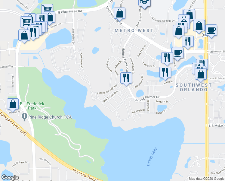 map of restaurants, bars, coffee shops, grocery stores, and more near 3202 Parkchester Square Boulevard in Orlando