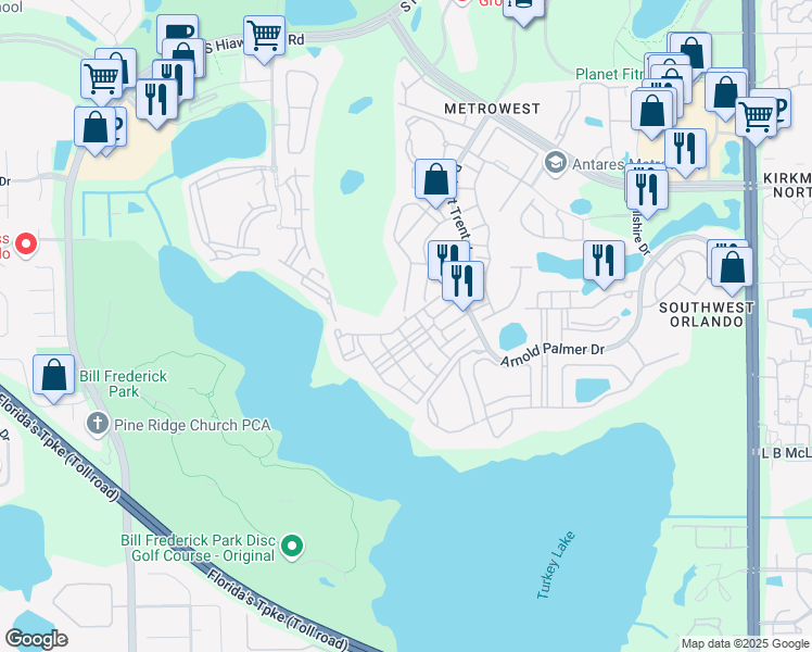 map of restaurants, bars, coffee shops, grocery stores, and more near 3202 Parkchester Square Boulevard in Orlando