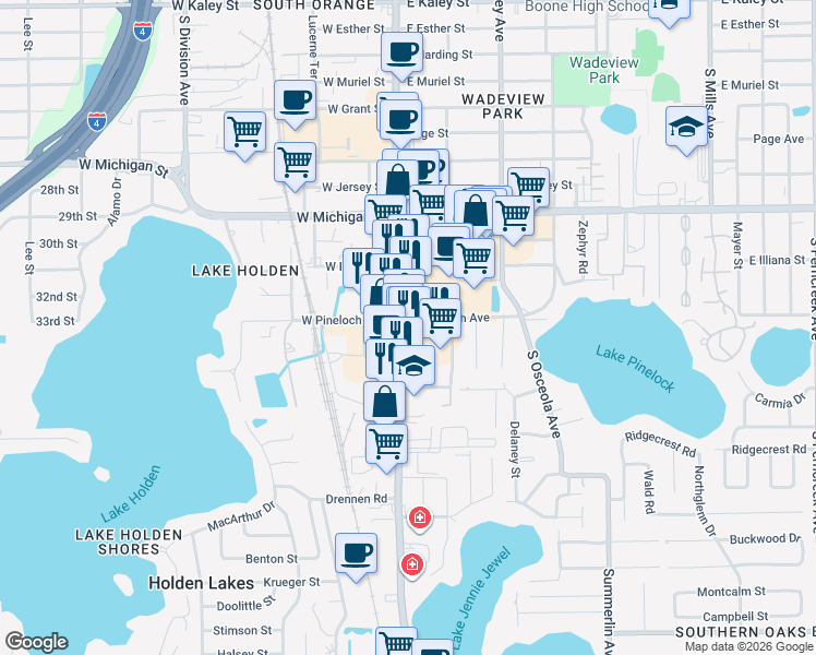 map of restaurants, bars, coffee shops, grocery stores, and more near 3187 South Orange Avenue in Orlando