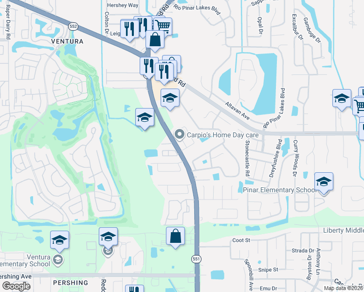 map of restaurants, bars, coffee shops, grocery stores, and more near 7301 Marseille Circle in Orlando