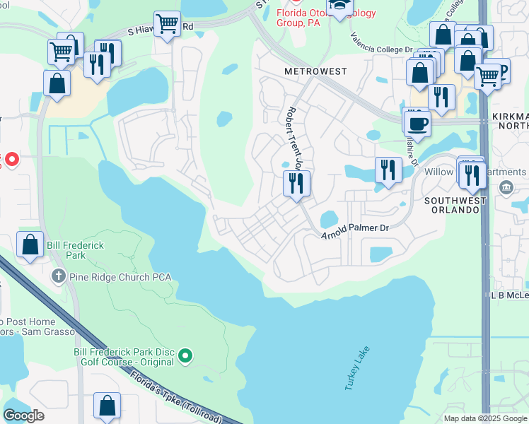 map of restaurants, bars, coffee shops, grocery stores, and more near 3202 Parkchester Square Boulevard in Orlando