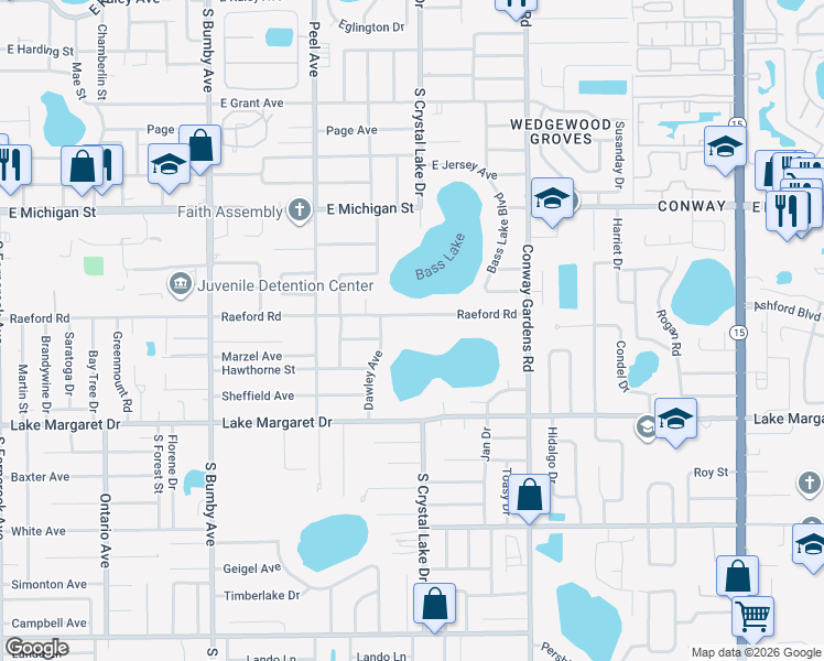map of restaurants, bars, coffee shops, grocery stores, and more near 3222 Raeford Road in Orlando