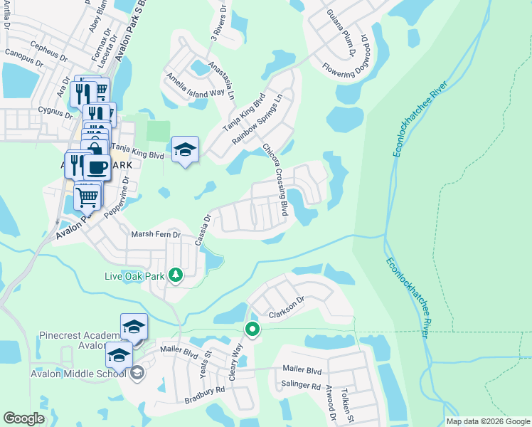 map of restaurants, bars, coffee shops, grocery stores, and more near 3316 Ashmount Drive in Orlando