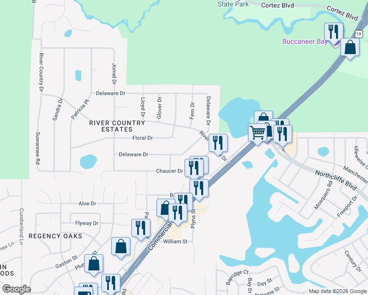 map of restaurants, bars, coffee shops, grocery stores, and more near 8380 Delaware Drive in Spring Hill