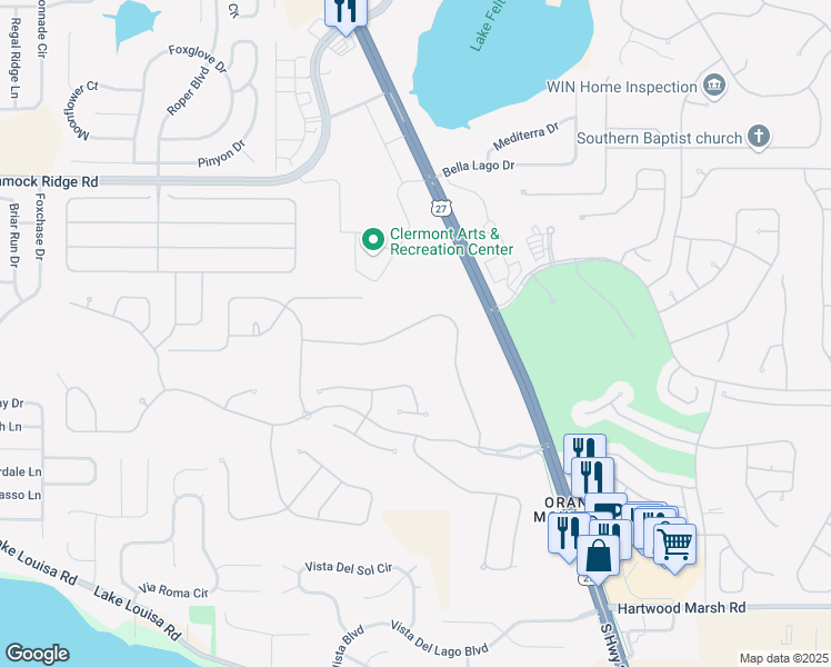 map of restaurants, bars, coffee shops, grocery stores, and more near 3843 Beacon Ridge Way in Clermont