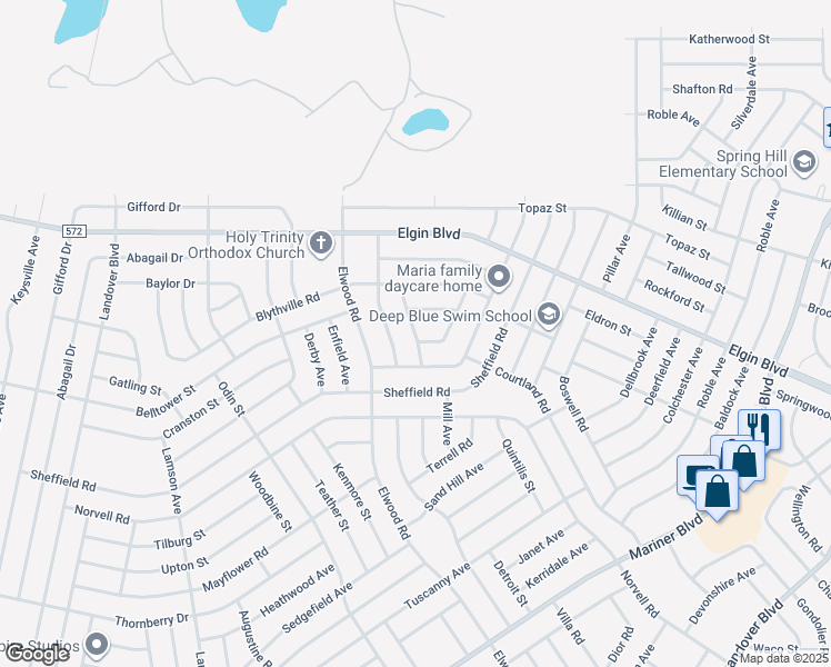 map of restaurants, bars, coffee shops, grocery stores, and more near 5276 Denver Avenue in Spring Hill
