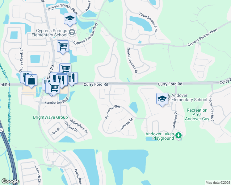 map of restaurants, bars, coffee shops, grocery stores, and more near 10992 Norcross Circle in Orlando