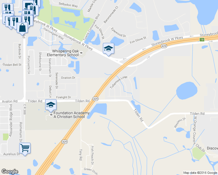 map of restaurants, bars, coffee shops, grocery stores, and more near 14656 Tullamore Loop in Winter Garden