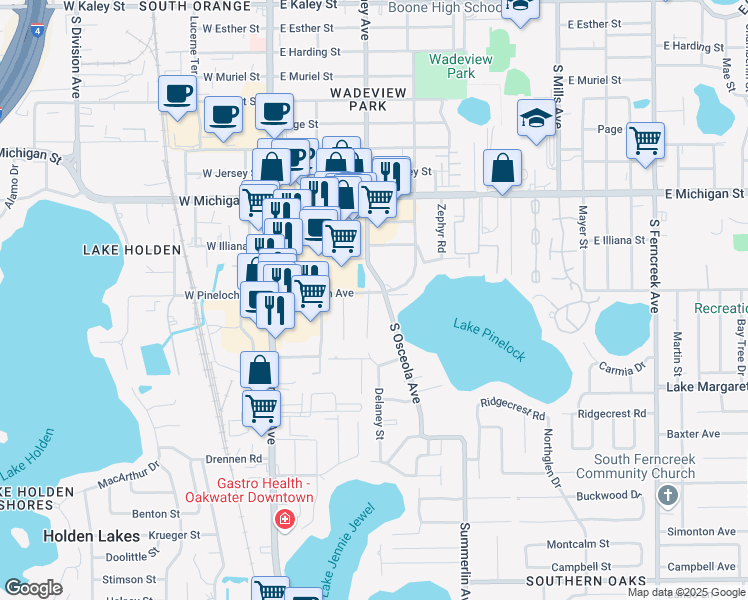 map of restaurants, bars, coffee shops, grocery stores, and more near 2901 Delaney Street in Orlando