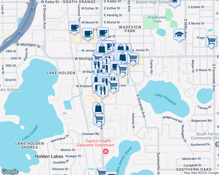 map of restaurants, bars, coffee shops, grocery stores, and more near 106 East Pineloch Avenue in Orlando