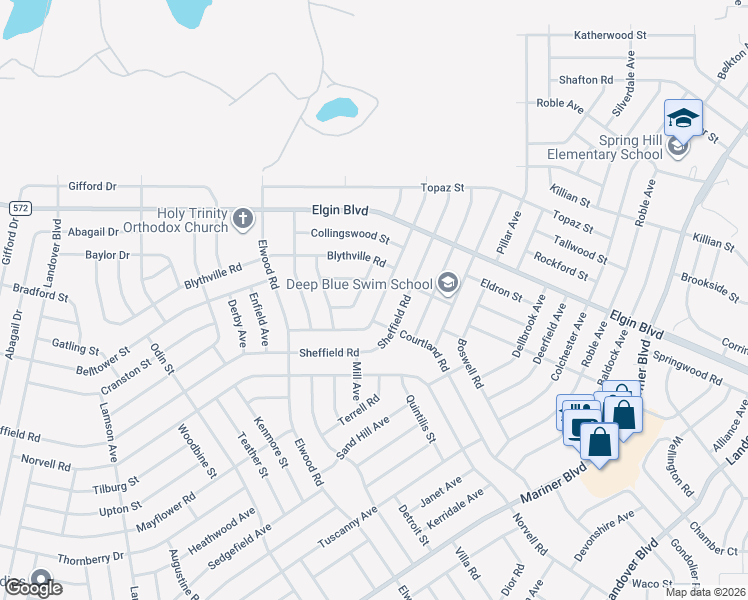 map of restaurants, bars, coffee shops, grocery stores, and more near 5401 Birchwood Road in Spring Hill