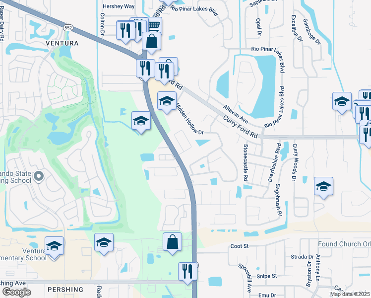 map of restaurants, bars, coffee shops, grocery stores, and more near 7301 Marseille Circle in Orlando