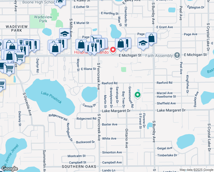 map of restaurants, bars, coffee shops, grocery stores, and more near 2933 Martin Street in Orlando