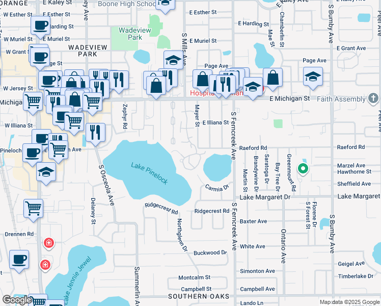 map of restaurants, bars, coffee shops, grocery stores, and more near 1263 Lake Willisara Circle in Orlando