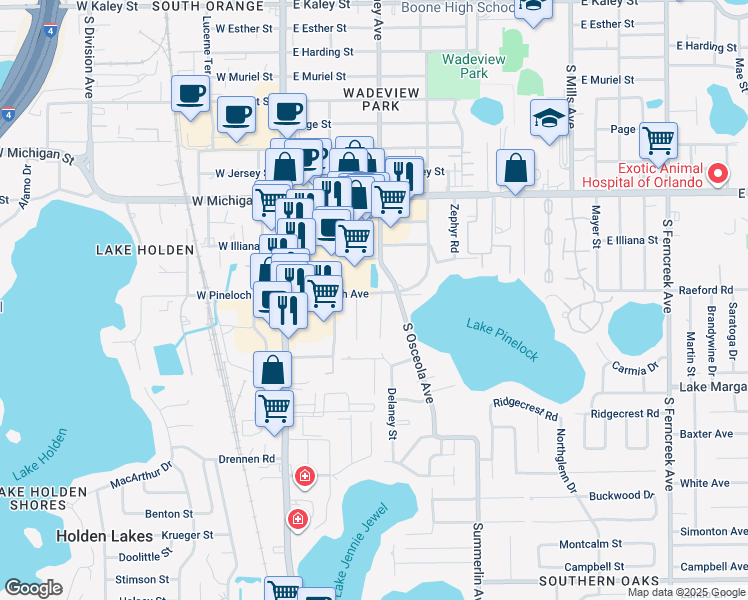 map of restaurants, bars, coffee shops, grocery stores, and more near 2901 Delaney Street in Orlando
