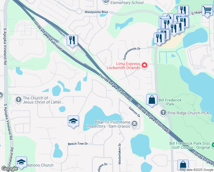 map of restaurants, bars, coffee shops, grocery stores, and more near 2215 Stillington Street in Orlando