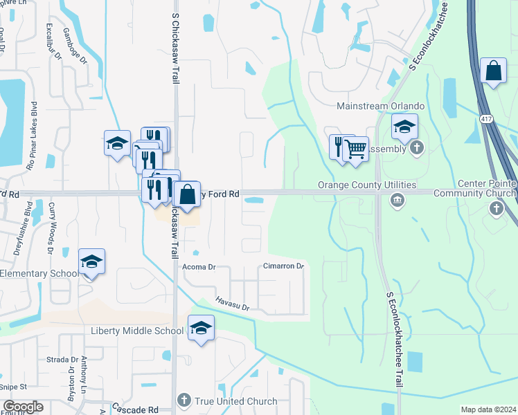 map of restaurants, bars, coffee shops, grocery stores, and more near 8731 Buxley Place in Orlando