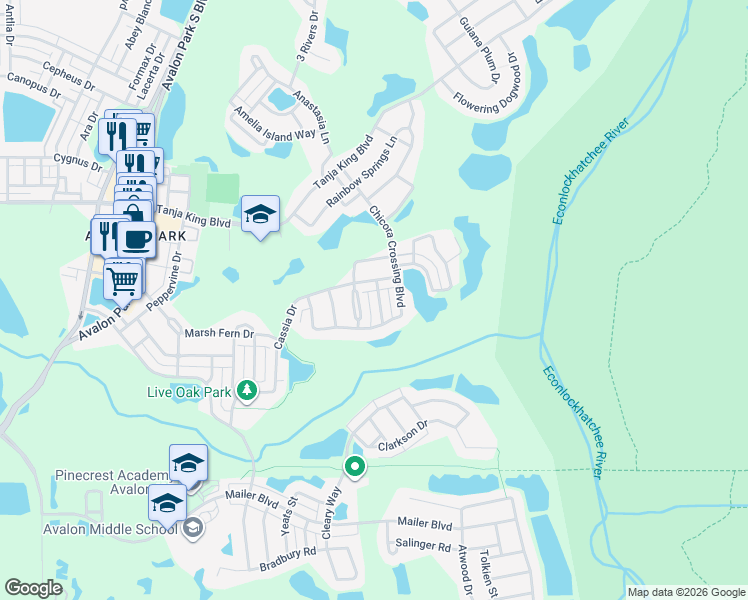 map of restaurants, bars, coffee shops, grocery stores, and more near 3316 Ashmount Drive in Orlando