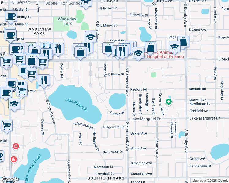 map of restaurants, bars, coffee shops, grocery stores, and more near 1400 East Pineloch Avenue in Orlando