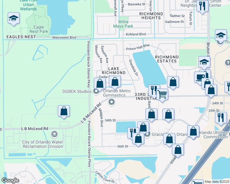 map of restaurants, bars, coffee shops, grocery stores, and more near 4653 L B McLeod Road in Orlando