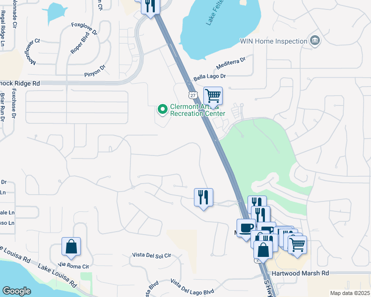 map of restaurants, bars, coffee shops, grocery stores, and more near 3843 Beacon Ridge Way in Clermont