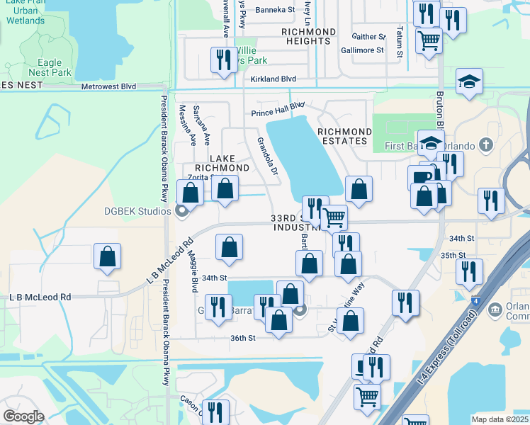 map of restaurants, bars, coffee shops, grocery stores, and more near 4549 L B McLeod Road in Orlando