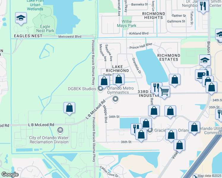 map of restaurants, bars, coffee shops, grocery stores, and more near 4653 L B McLeod Road in Orlando