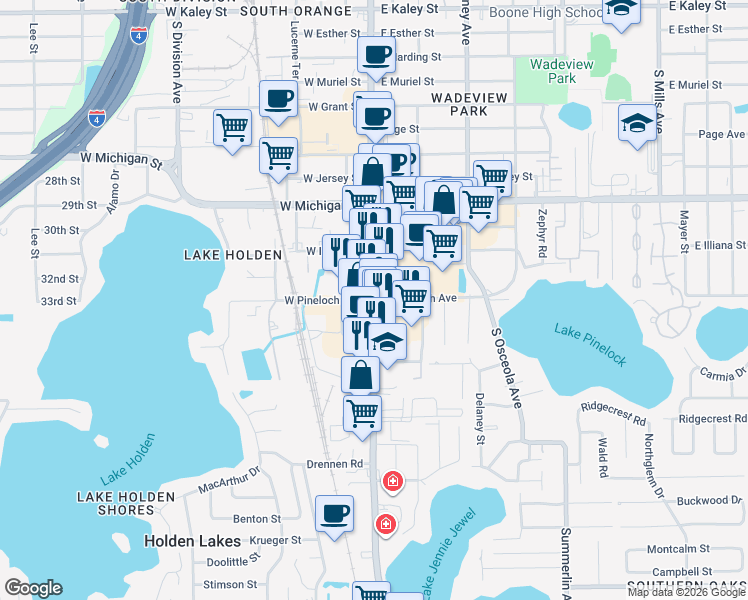 map of restaurants, bars, coffee shops, grocery stores, and more near South Orange Avenue in Orlando