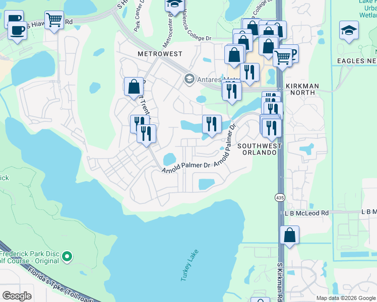 map of restaurants, bars, coffee shops, grocery stores, and more near 3190 Dante Drive in Orlando