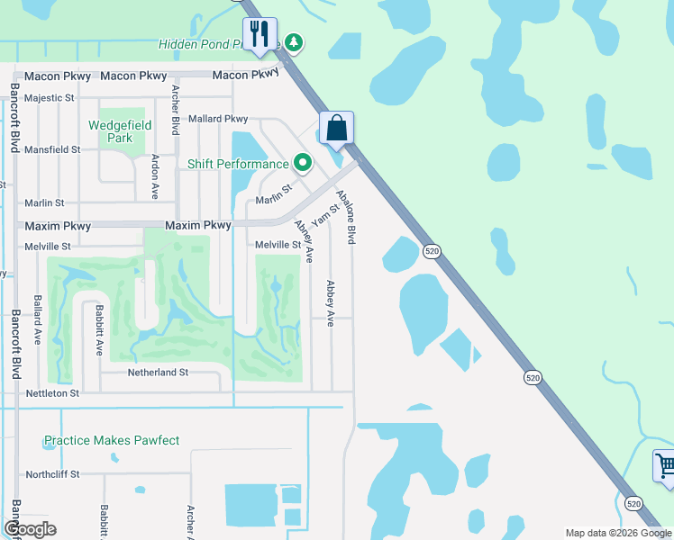 map of restaurants, bars, coffee shops, grocery stores, and more near 2600 Abalone Boulevard in Orlando