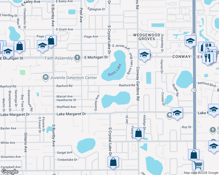 map of restaurants, bars, coffee shops, grocery stores, and more near 3222 Raeford Road in Orlando
