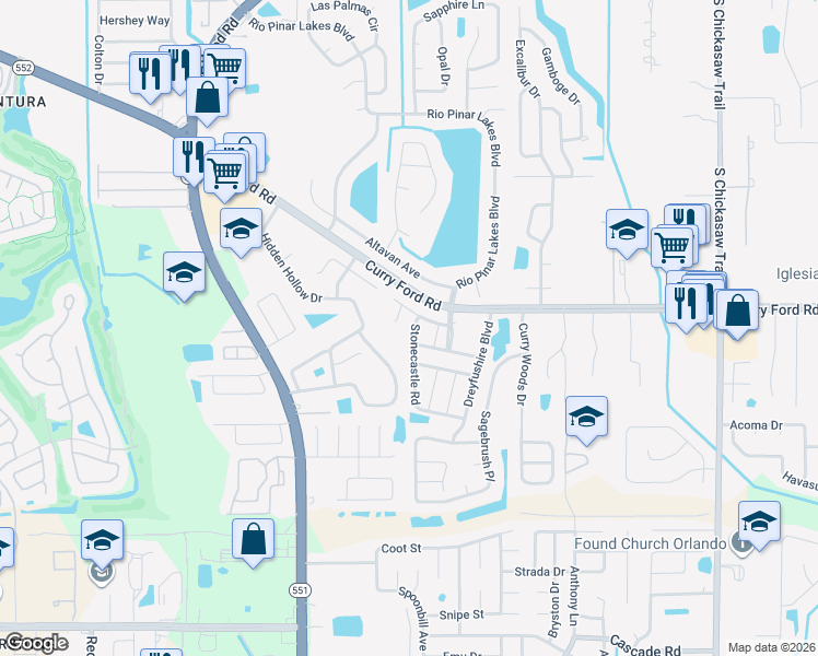 map of restaurants, bars, coffee shops, grocery stores, and more near 3030 Maybry Lane in Orlando